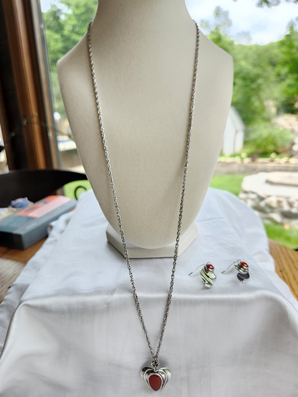 🔥.925 Sterling Heart Pendant Necklace with Reddish Orange Stone & Earrings
